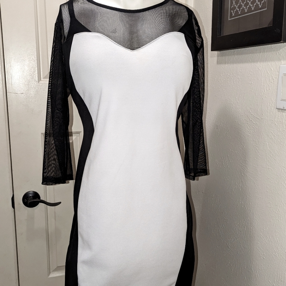 Women's Black and White Bodycon Dress with Sheer Sweetheart Neckline by Pine